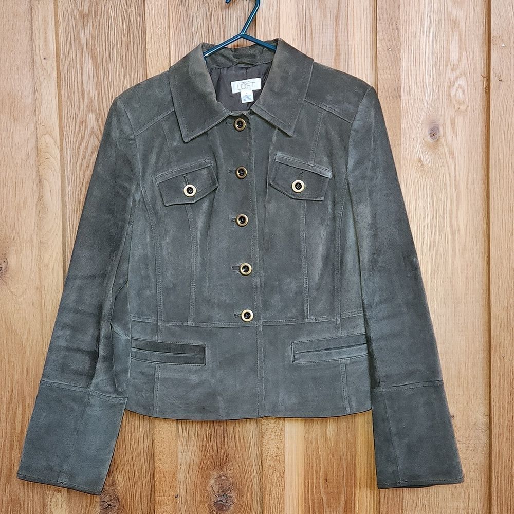 Ann Taylor Loft Real Suede Leather Jacket, Size 6, Olive Green w/ Brass